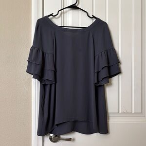 LOFT Blue Gray Chiffon Blouse with Ruffle Sleeve and Bow-Tie Detail (Back)